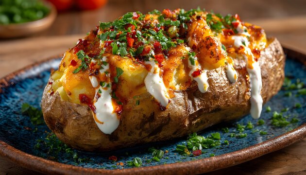 Kumpir con queso, hierbas y salsa